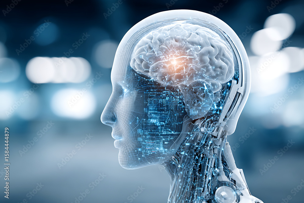 Poster human-like robot with advanced technology and transparent brain showcasing the future of artificial 