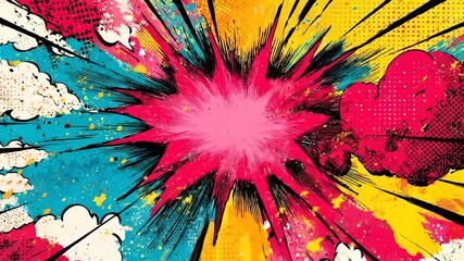 Colorful comic explosion pop art style with dynamic lines, halftone dots, and vibrant red, yellow, and blue background creating energetic and dramatic visual impact, evoking excitement and action - Powered by Adobe