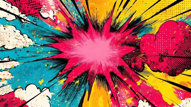 Colorful comic explosion pop art style with dynamic lines, halftone dots, and vibrant red, yellow, and blue background creating energetic and dramatic visual impact, evoking excitement and action