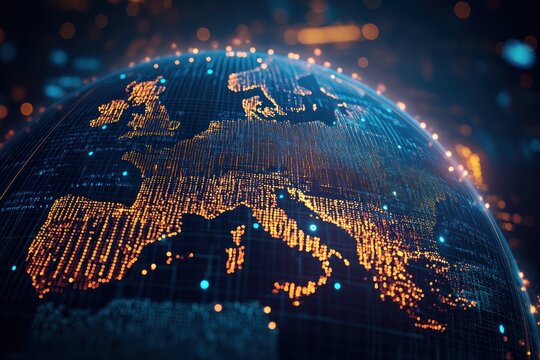 Europe map on digital sphere, composed of numeric code and glowing dots