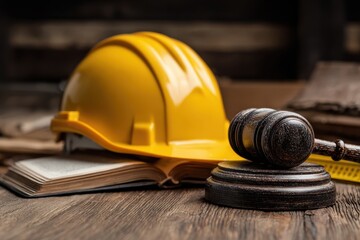 Ideas in construction and property law Judge s gavel safety helmet ruler beside book on table