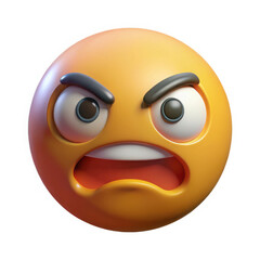 Furious emoji face with angry eyebrows and open mouth isolated on white background