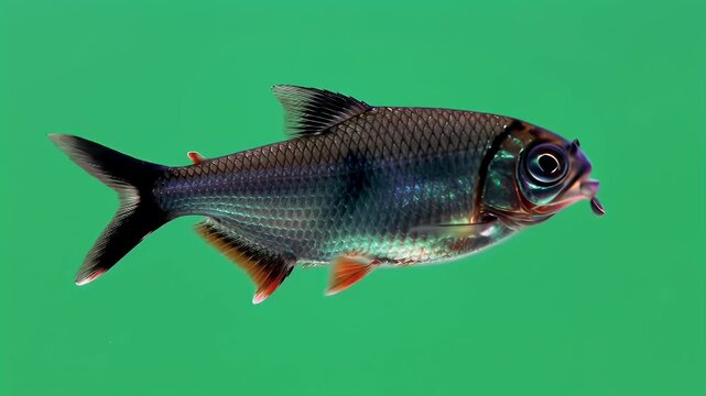 Tinfoil Barb (Barbonymus altus) freshwater fish with shimmering scales and reddish fins, isolated on a vibrant green studio background.