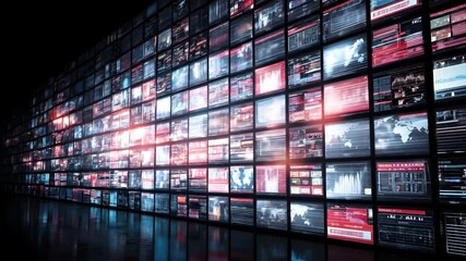 Large digital wall with multiple screens displaying news, data, graphs, and global information modern control room, creating dynamic, high tech, immersive atmosphere with digital screen news data - Powered by Adobe