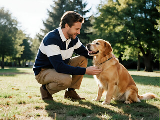 A handsome man in his thirties playing with a golden retriever dog on an open green lawn.