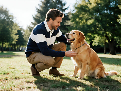 A handsome man in his thirties playing with a golden retriever dog on an open green lawn.