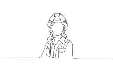 Continuous one line art drawing of female civil engineer vector illustration, Female construction worker, woman job professional industry helmet hat engineer one line drawing vector.
