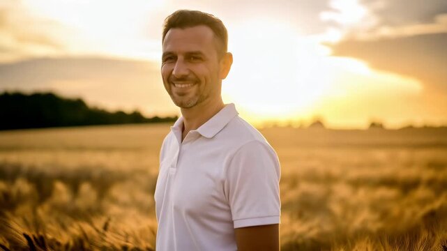 Smiling man in a wheat field during golden hour at sunset with warm lighting, looking towards camera, wearing a white polo shirt.