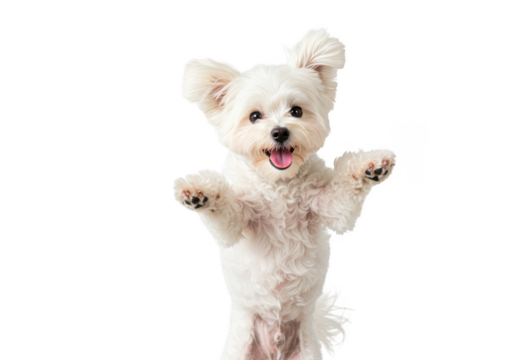 A happy maltese dog jumping on a transparent background