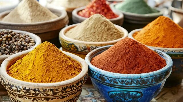 Vibrant assortment of ground spices in ornate bowls