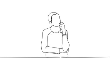 Continuous one line drawing of young lady thinking with put her finger in the chin, thoughtful young woman single line art Vector illustration.