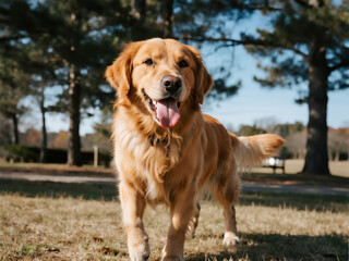 A golden retriever is standing in a grassy field