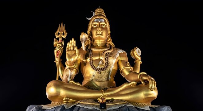 A majestic golden statue of lord shiva sits in a meditative pose, adorned with intricate jewelry and holding traditional symbols