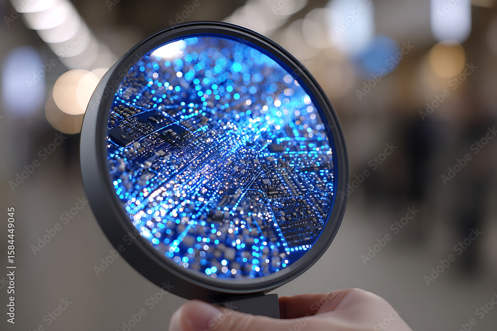 Poster exploring the intricate details of a circuit board under a magnifying glass in a technology-focused 