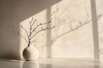 Elegant product display with minimal decor, branch in vase, glossy table, muted tones