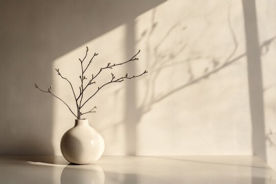 Elegant product display with minimal decor, branch in vase, glossy table, muted tones