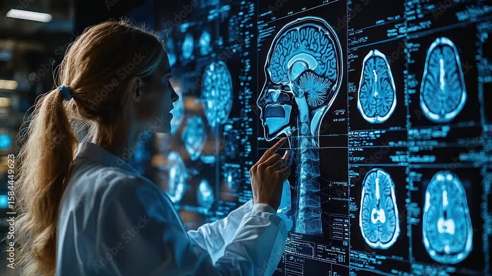 Poster scientist examining detailed brain scans on a large display