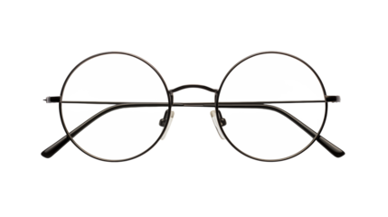 Round spectacles feature a metallic frame isolated on transparent background