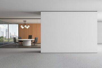 Modern Office Interior Design Featuring a Sleek Conference Room with Large Windows and Contemporary Furnishings Offering a Professional and Sophisticated Workspace Environment