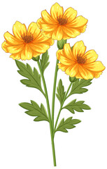 Vibrant Yellow Flowers with Green Leaves Illustration