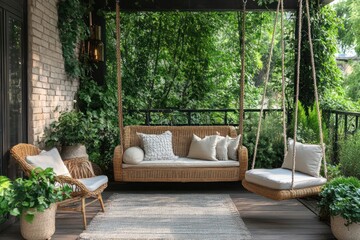 Elegant outdoor terrace setup with rattan chairs, swing bench, and potted plants