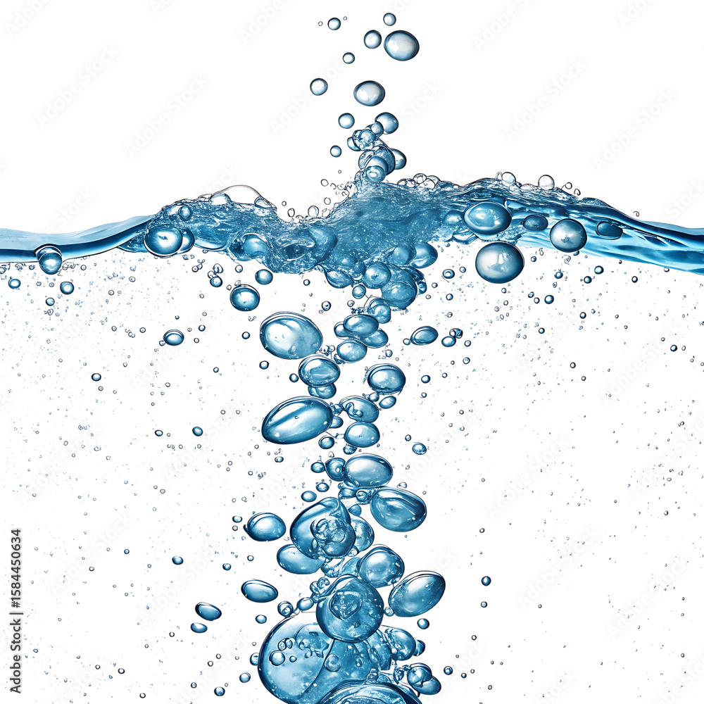 Poster dynamic water splash with rising bubbles and liquid motion isolated on transparent background