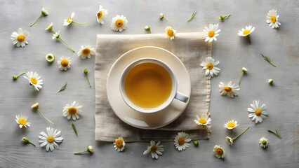 Photo of a cup of chamomile tea rests on a saucer surrounded by scattered chamomile flowers on a wooden surface