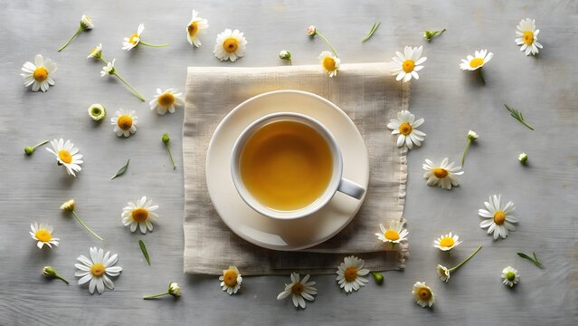 Photo of a cup of chamomile tea rests on a saucer surrounded by scattered chamomile flowers on a wooden surface - Powered by Adobe