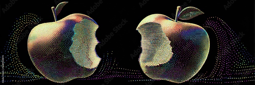 Poster stylized dotted apples with glitchy outlines, featuring open tops and vibrant colors, create an intr