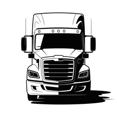 Powerful American Semi Truck Front View: Detailed Black and White Illustration of a Heavy Duty Lorry for Transport and Logistics