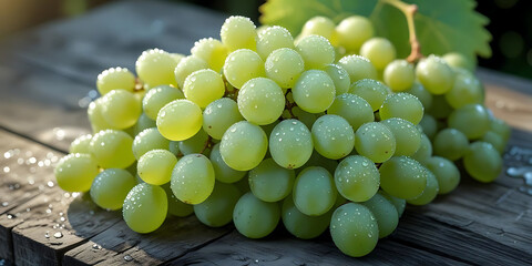 Luminous Green Grapes Clustered on Weathered Wood with Dew Drops

