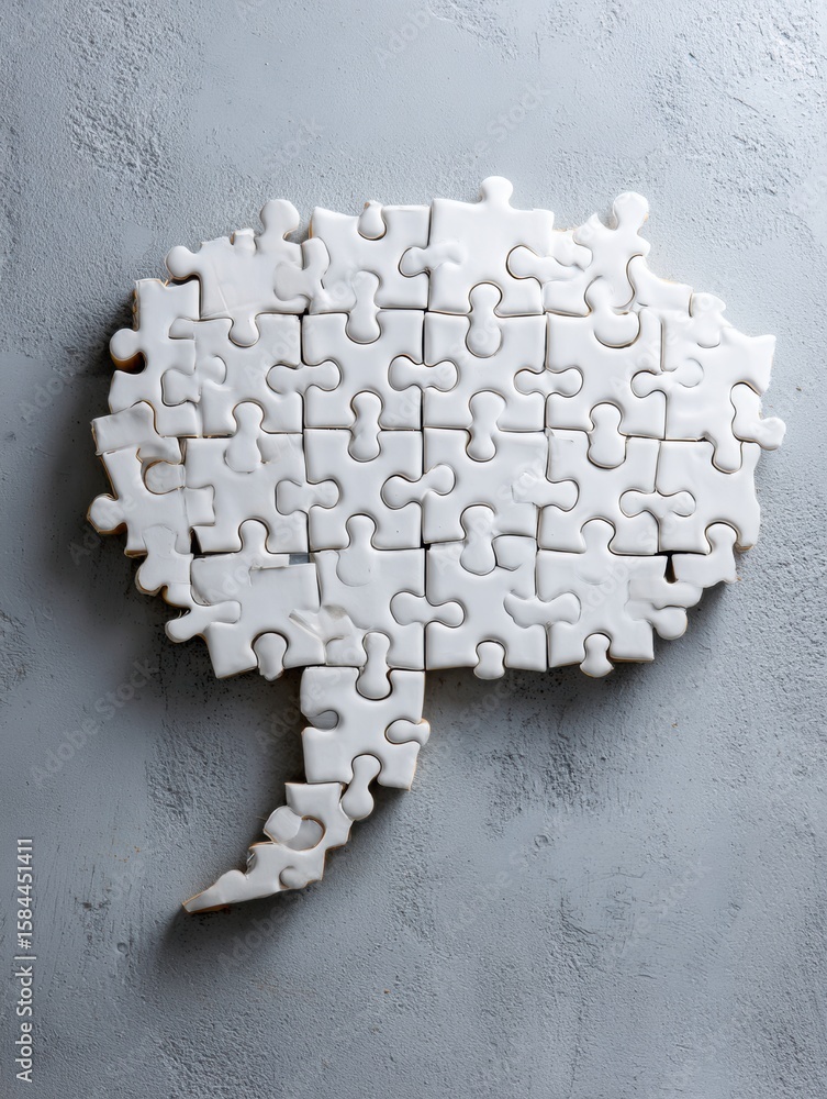 Poster creative teamwork concept featuring puzzle pieces arranged in a speech bubble shape against a minima
