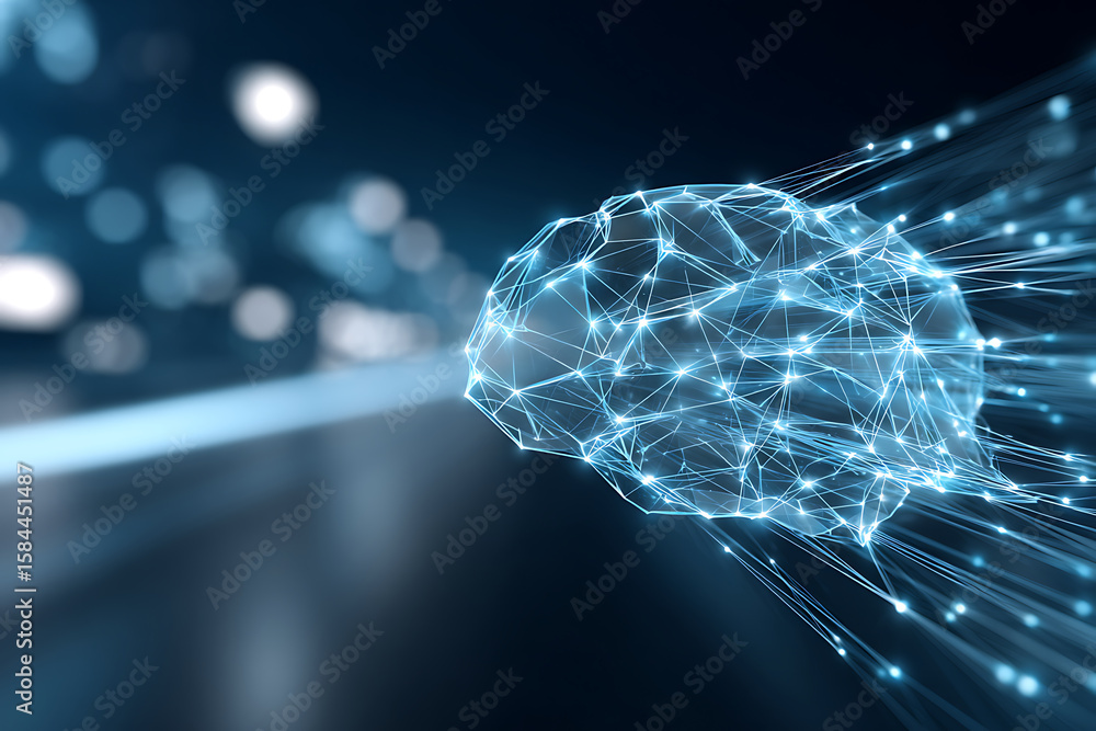 Poster digital representation of a brain showcasing neural connections and data flow in a futuristic settin