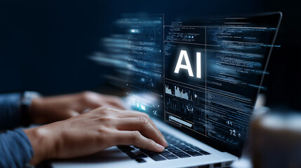 A person working on their laptop with the words "AI" floating above it, and an AI interface visible in front of them showing code and data visualizations
