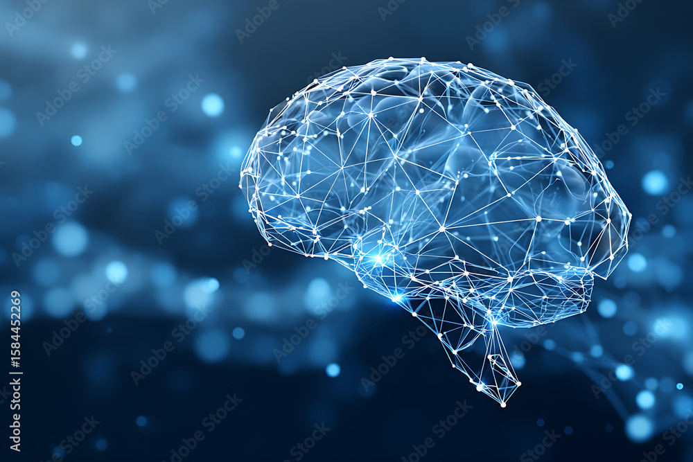 Poster digital representation of a brain showcasing neural connections and data flow in a futuristic settin