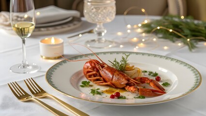Elegant table setting for a Christmas dinner, featuring gourmet fish and wine glasses