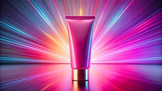 Photo of a vibrant pink cosmetic tube with a golden base stands illuminated against a dazzling, abstract background of colorful neon light streaks