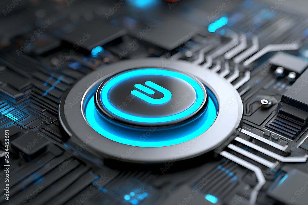 Poster close-up view of a futuristic circuit board with glowing blue button during technology showcase in a