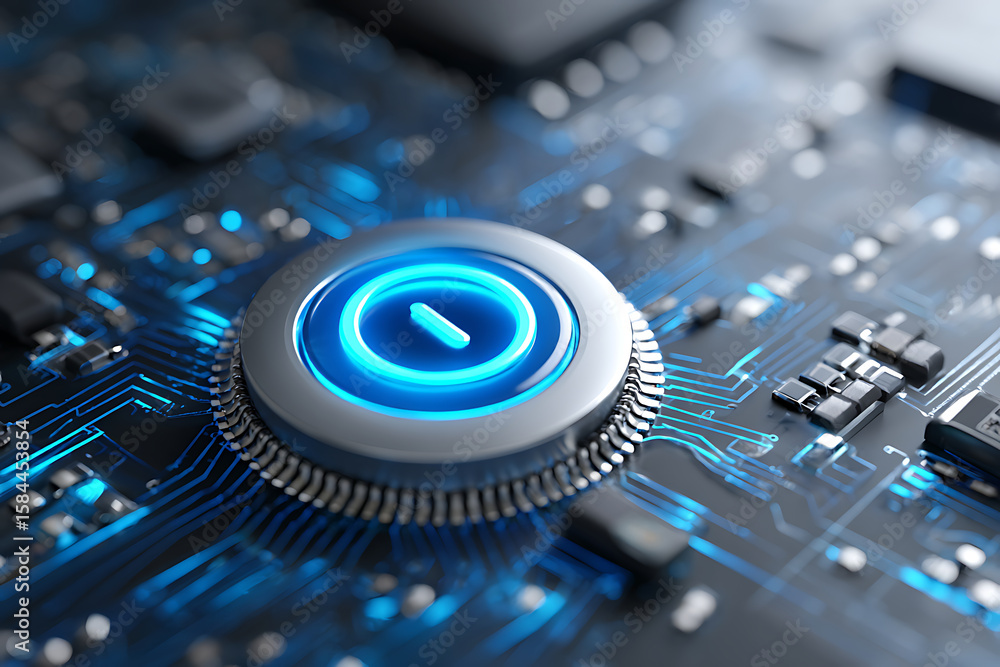 Poster futuristic close-up of a circuit board with a glowing power button during nighttime