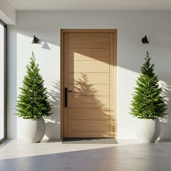 door to the new house, Elegant front door with wooden panels, modern design. Sunlight, shadow create warm lighting, accentuating wood grain texture, enhancing aesthetics. Entryway surrounded by potted