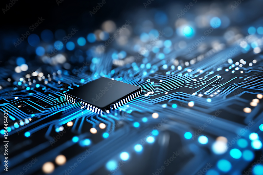 Poster explore intricate details of a microchip on a circuit board, showcasing glowing connections and adva