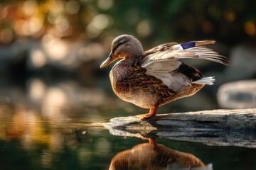 Fototapeta premium Duck preening its feathers in the morning sun on a pond
