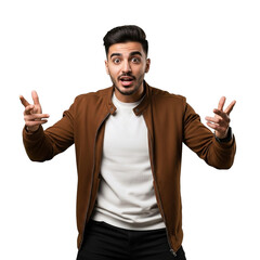Fototapeta premium Surprised man in jacket shows shocking expression posing