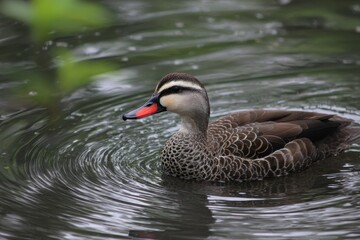 Fototapeta premium Duck with spotty bill gliding on a lake