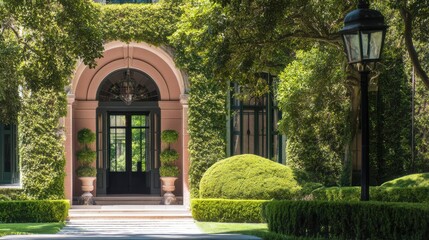 Elegant building entrance with black double glass doors, soft pink arched doorway, ornate black lantern, tiered topiary plants in stone urns, lush greenery, vintage street lamp, manicured lawn,
