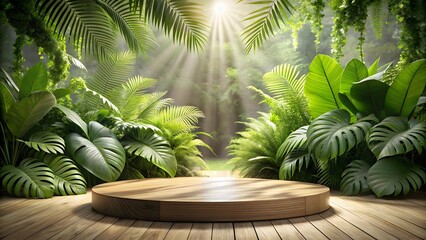 Fototapeta premium Photo of a circular wooden display platform sits centered in a lush, sundrenched jungle clearing, with vibrant green foliage surrounding it