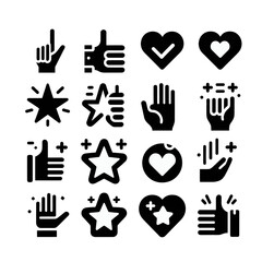 Obraz premium A collection of sixteen black and white vector icons depicting hands, hearts, and stars, representing positive feedback, appreciation, and ratings.