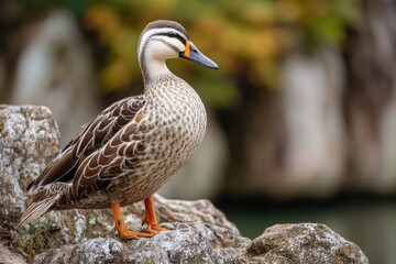 A close up of an eastern spot billed duck resting on a rock by the lake during breeding season