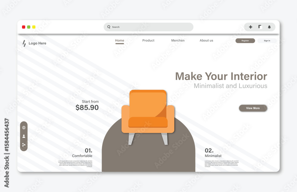 Poster chair store website landing page. graphical user interface for website page