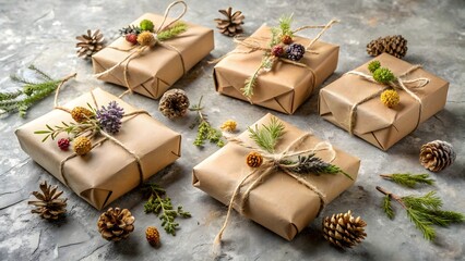 Photo of a collection of five rustic christmas gifts wrapped in brown paper and tied with twine, adorned with pinecones and fir branches, arranged on a textured surface